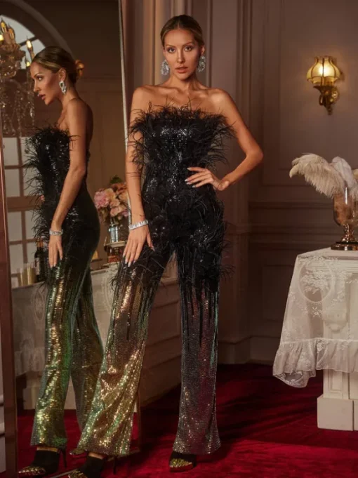 Shiva Ombre Feather Sequin Jumpsuit
