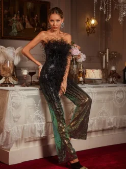 Shiva Ombre Feather Sequin Jumpsuit