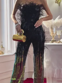 Shiva Ombre Feather Sequin Jumpsuit