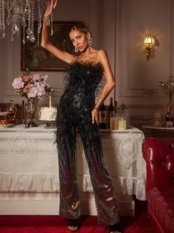Shiva Ombre Feather Sequin Jumpsuit