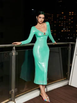 Sian Long Sleeve Sequin Cutout Midi Dress In Teal