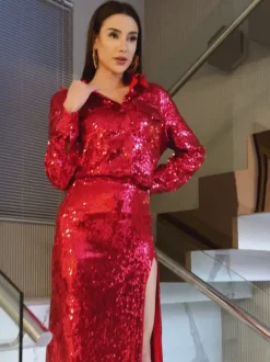 Solstice Sequin Button Shirt Split Skirt Set In Red