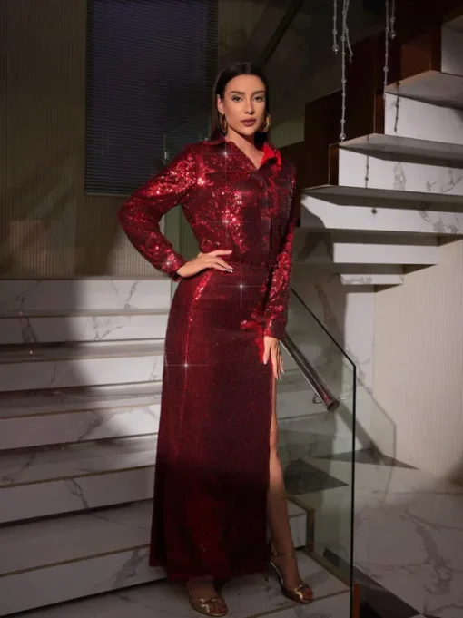 Solstice Sequin Button Shirt Split Skirt Set In Red