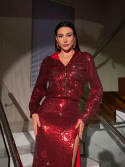 Solstice Sequin Button Shirt Split Skirt Set In Red