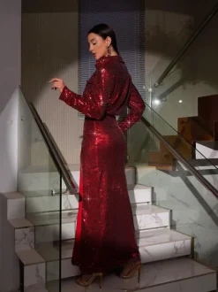 Solstice Sequin Button Shirt Split Skirt Set In Red
