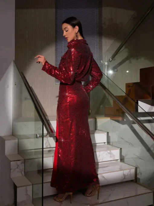 Solstice Sequin Button Shirt Split Skirt Set In Red