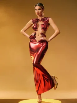 Taralynn Ruffle Ruched Metallic Skirt Set In Red