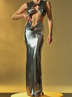 Taralynn Ruffle Ruched Metallic Skirt Set In Silver