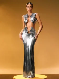 Taralynn Ruffle Ruched Metallic Skirt Set In Silver