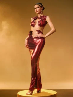 Taralynn Ruffle Ruched Metallic Skirt Set In Red