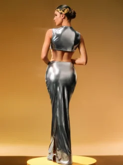 Taralynn Ruffle Ruched Metallic Skirt Set In Silver