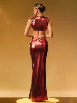 Taralynn Ruffle Ruched Metallic Skirt Set In Red