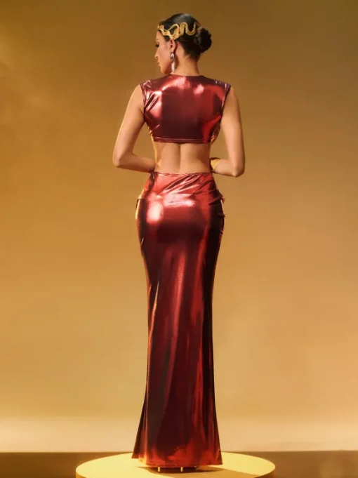 Taralynn Ruffle Ruched Metallic Skirt Set In Red