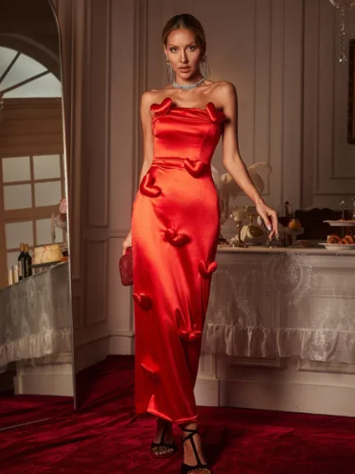 Taton Strapless Heart Satin Maxi Dress
