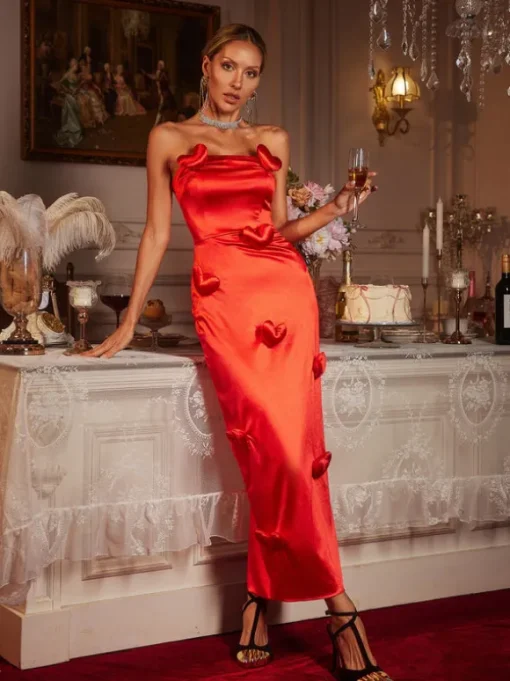 Taton Strapless Heart Satin Maxi Dress