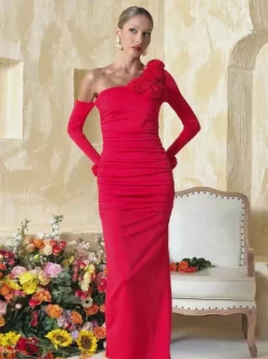 Taylin One Shoulder Flower Ruched Midi Dress