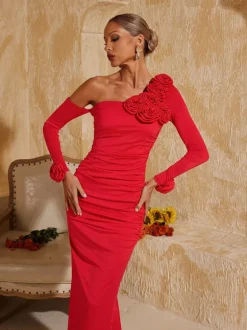 Taylin One Shoulder Flower Ruched Midi Dress