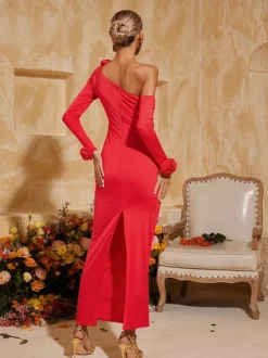 Taylin One Shoulder Flower Ruched Midi Dress