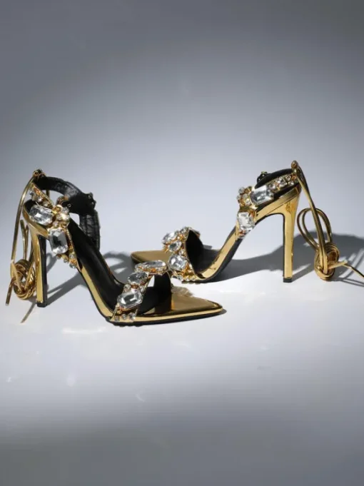 Tempest Crystal Lace Up Heels In Gold