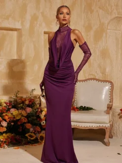 Tenley Halterneck Lace Maxi Dress With Gloves