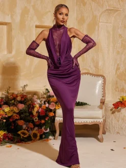 Tenley Halterneck Lace Maxi Dress With Gloves
