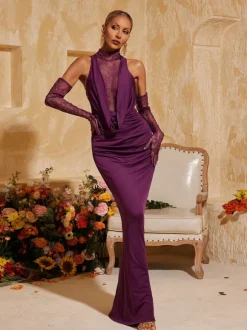 Tenley Halterneck Lace Maxi Dress With Gloves