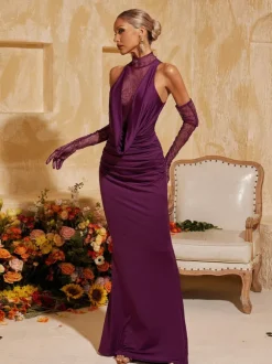 Tenley Halterneck Lace Maxi Dress With Gloves