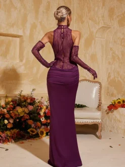 Tenley Halterneck Lace Maxi Dress With Gloves