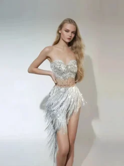 Thalorin Rhinestone Fringe Skirt Set
