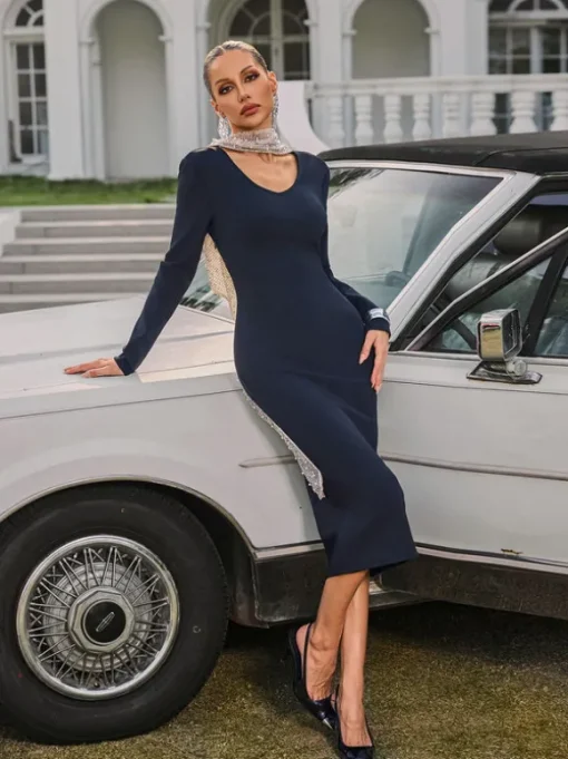Thalyss Backless Pearl Bandage Midi Dress