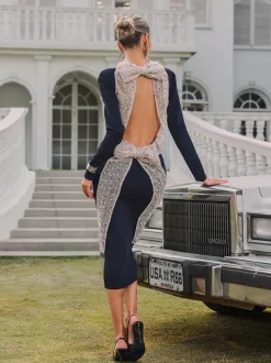 Thalyss Backless Pearl Bandage Midi Dress