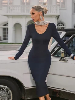 Thalyss Backless Pearl Bandage Midi Dress