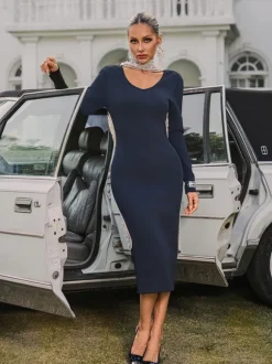 Thalyss Backless Pearl Bandage Midi Dress