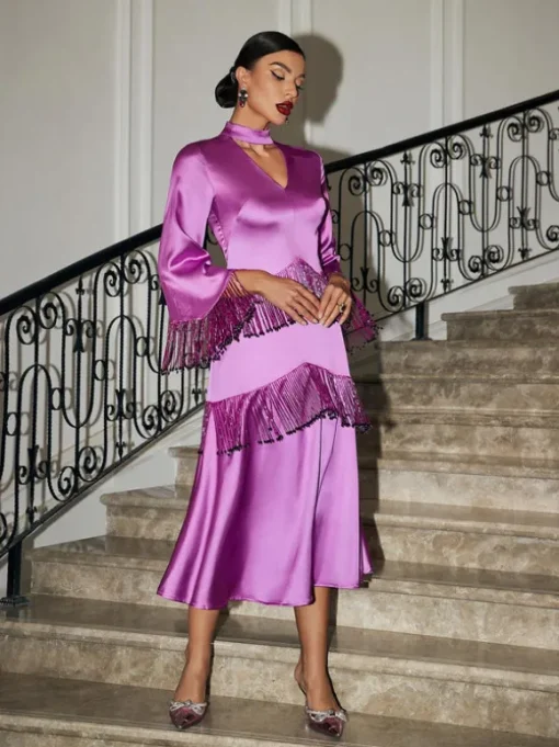Thandie Glitter Fringe Satin Dress