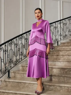 Thandie Glitter Fringe Satin Dress