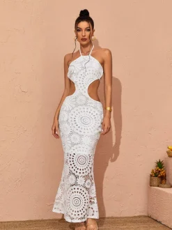 Thea Halterneck Cutout Lace Maxi Dress