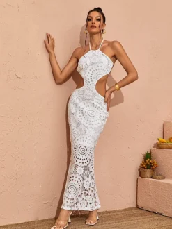 Thea Halterneck Cutout Lace Maxi Dress