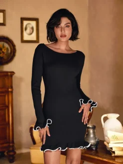 Tionne Long Sleeve Ruffle Knitted Mini Dress In Black
