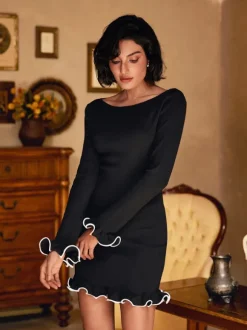 Tionne Long Sleeve Ruffle Knitted Mini Dress In Black