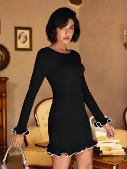 Tionne Long Sleeve Ruffle Knitted Mini Dress In Black