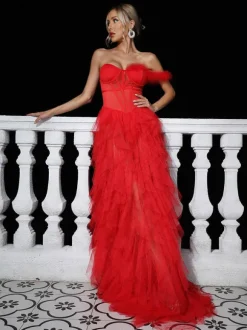 Titania One Shoulder Tulle Maxi Dress In Red
