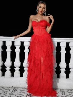 Titania One Shoulder Tulle Maxi Dress In Red