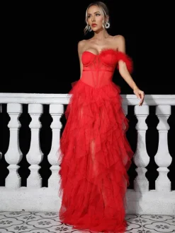 Titania One Shoulder Tulle Maxi Dress In Red