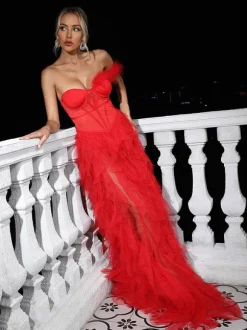 Titania One Shoulder Tulle Maxi Dress In Red