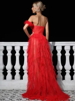 Titania One Shoulder Tulle Maxi Dress In Red