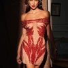 Toivo Off Shoulder Rhinestone Mesh Dress In Red