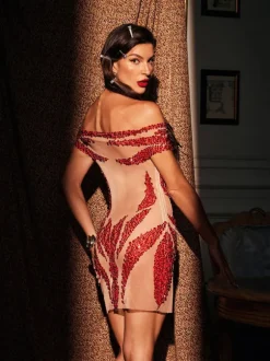 Toivo Off Shoulder Rhinestone Mesh Dress In Red