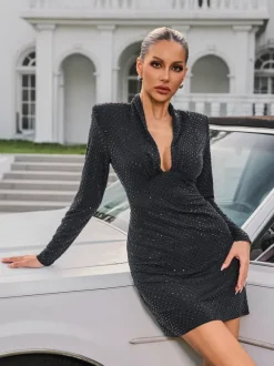 Tyxara V Neck Rhinestone Mini Dress