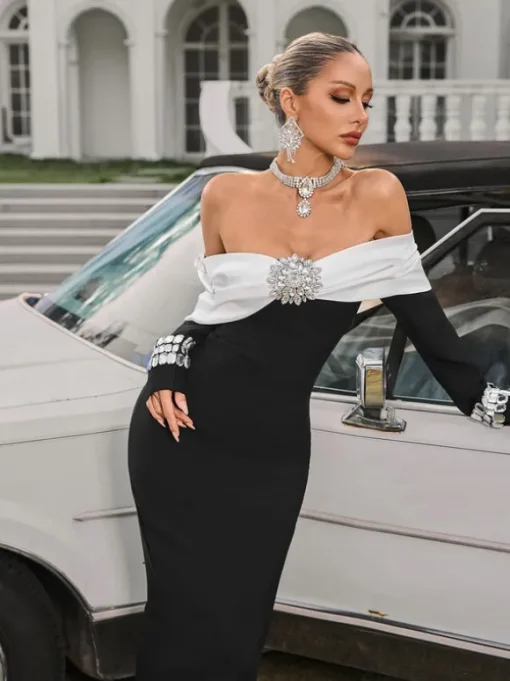 Uvandra Off Shoulder Crystal Bandage Maxi Dress