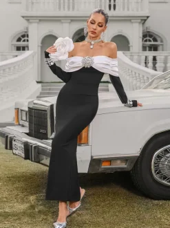 Uvandra Off Shoulder Crystal Bandage Maxi Dress